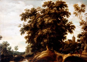 Eine Flusslandschaft mit Figuren und einem Dorf im Hintergrund
