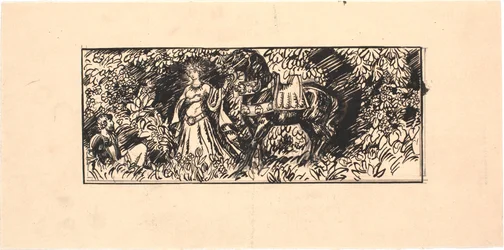 Prinzessin führt ein schwarzes Pferd zu einem sitzenden Ritter im Wald