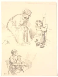 Zwei Figurenstudien. Oben eine sitzende Frau, die ein Kind an einer Tür beobachtet; unten eine Frau mit einem Kind am Klavier