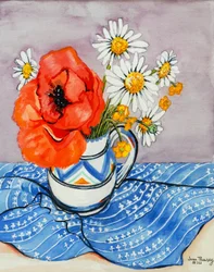 Roter Orientalischer Mohn und Margeriten in einem Honiton-Krug, 2005