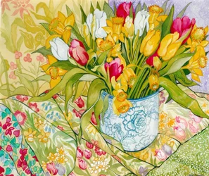Tulpen und Narzissen mit gemusterten Textilien, 2000