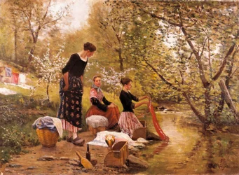 „Die Wäscherinnen“ Gemälde von Joaquim Vayreda i Vila (1843-1894). 1883