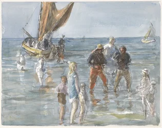 Dame wird von zwei Fischern von einem Boot an Land getragen