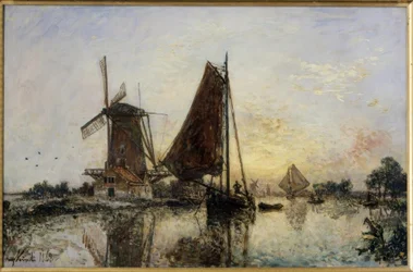 In Holland. Schiffe bei einer Mühle