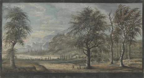 Landschaft mit Laubbäumen im Vordergrund