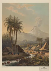 Ansicht eines Dorfes und des Vulkans Semeru auf Java