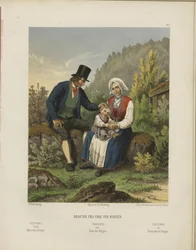 Illustration aus dem Buch Udvalgte norske Nationaldragter von unbekanntem Autor, veröffentlicht von Chr. Tønsberg (Norwegen, 1861)