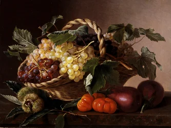 Stillleben mit Auberginen, Tomaten, Kastanien und Trauben