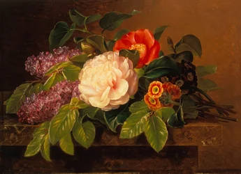 Pfingstrosen, Flieder und Primeln auf einer Marmorkante