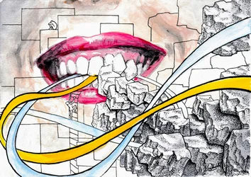 Zähne. Steine und Schnüre Aquarell-Tusche-Malerei.