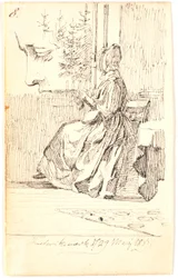 Strickende Dame (Lundbyes Mutter?) am Fenster mit Blick auf Tannen sowie eine Profilstudie