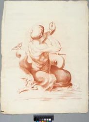 Akademiezeichnung. Detail einer Deckendekoration mit Peleus und Thetis in der Galleria Farnese, Rom, Triton, in ein Muschelhorn blasend