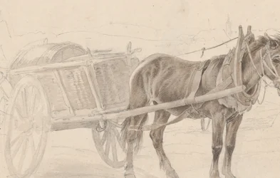 Ein von einem braunen Pferd gezogener Wagen in der Nähe eines Laternenpfahls, Verso: Eine Gruppe berittener Offiziere