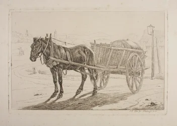 Vor einen Bierwagen gespanntes Pferd