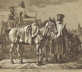Pferd mit rauchenden Soldaten/Militärszene