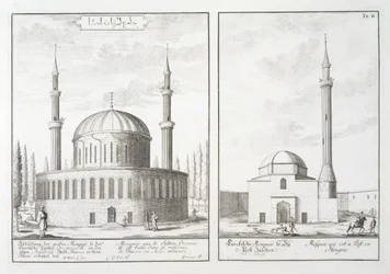 Ansicht einer Moschee in Bursa und einer Moschee in Ungarn, aus 