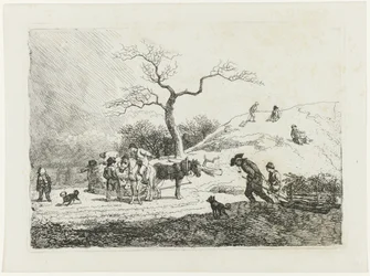 Winterlandschaft mit Schlitten fahrenden Kindern und verschiedenen Schlitten
