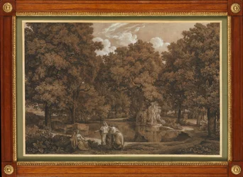 Arkadische Landschaft mit drei Figuren an einem See