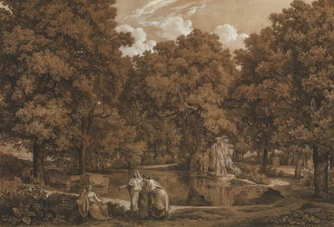 Arkadische Landschaft mit drei Figuren an einem See, 1792