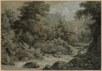 Gebirgs- und Waldlandschaft, vorn ein Bach