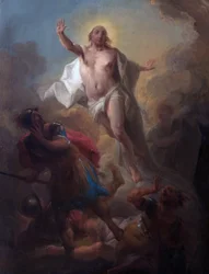 Christus erhebt sich aus dem Grab und römische Soldaten fliehen