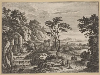 Landschaft mit Ruinen und einem Wasserfall