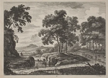 Panoramische Flusslandschaften mit Reisenden, 1734