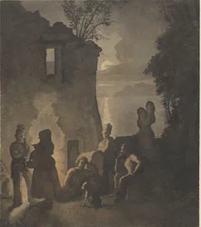 Rastende Savoyarden an einem Feuer am Ufer eines Sees bei Abend