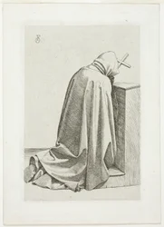 Kniender Pilger mit Kreuz und Buch