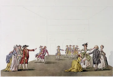 Letzte Szene des „Père de famille“ von Denis Diderot - Faksimile - Gravur nach einer Zeichnung von Ziesenis, Coutellier, in „Histoire generale illustree du theatre“