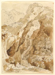 Liegender Mann in einer bergigen Landschaft mit Wasserfällen