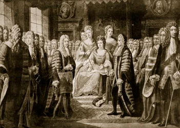 Übergabe der Unionsartikel an Königin Anne, 1706, Illustration aus 