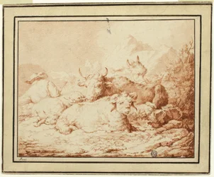 Rinder und Schafe mit Hirten in felsiger Landschaft