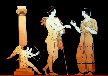 Eros zielt mit einem seiner Pfeile auf ein junges Paar, das sich unterhält, ca. 1796