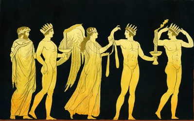 Die Göttin Nike verleiht das Siegesband an drei lorbeerbekränzte Gewinner, ca. 1796