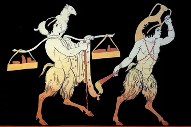 Zwei Faune tragen Tribute und Opfergaben zum Dionysia-Fest.