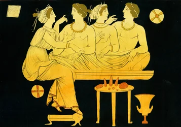Zwei junge Männer werden von Hetairai während eines Symposiums unterhalten, ca. 1796