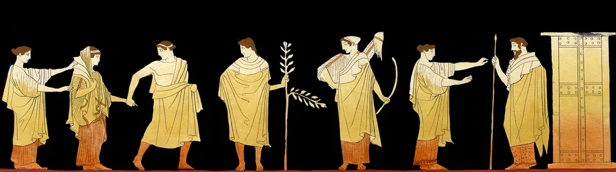Junge Braut wird in einer Hochzeitsprozession unter den wachsamen Augen von Artemis und Apollo zum Haus ihres neuen Ehemanns geführt