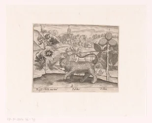 Serie von Drucken mit Blumen und Tieren in einer Landschaft