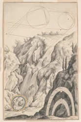 Die Untersuchung des Regenbogens, Entwurf für Platte 66 in der Physica Sacra, Bd. 1, von Johann Jakob Scheuchzer