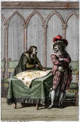 Kaiser Albrecht I. von Habsburg studiert die Karte von Frankreich zur Zeit des Konflikts zwischen Papst Bonifatius VIII. und König Philipp IV. von Frankreich