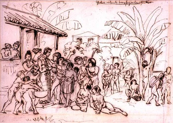 Indianer besuchen ein Anwesen, Brasilien, ca. 1825