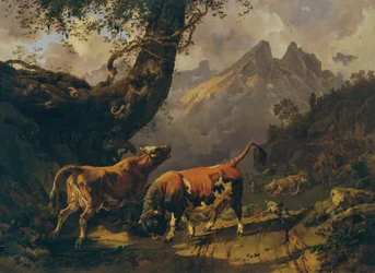 Stier, eine Kuh verfolgend, im Hintergrund Landschaft bei Carrara