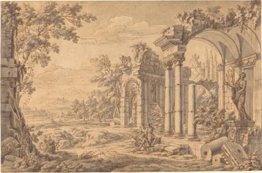 Landschaft mit einem Zeichner unter antiken Ruinen