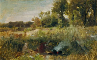 Aulandschaft mit Kindern am Feuer