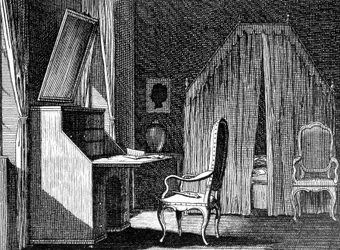 Werthers Zimmer, Illustration von Daniel Chodowiecki, Kupferstich inspiriert von Die Leiden des jungen Werther von Johann Wolfgang von Goethe