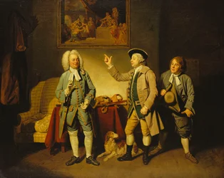 Eine Szene aus „Liebe auf dem Lande“ von Isaac Bickerstaffe, 1. Akt, 2. Szene, mit Edward Shuter als Friedensrichter Woodcock, John Beard als Hawthorn und John Dunstall als Hodge