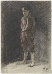 Stehender Mann mit Helm und aufgerollten Buchspijpen