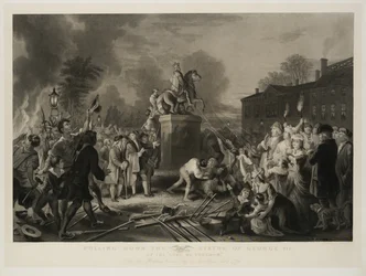Sturz der Statue von George III durch die Sons of Freedom am Bowling Green, New York City, Juli 1770, graviert von John C. McRae