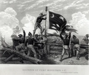 Der Heldentum von Sergeant William Jasper bei der Verteidigung von Fort Moultrie, South Carolina, 12. Mai 1780, graviert von G.R. Hall